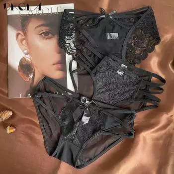 DKGEA 3 шт., черные трусики с низкой посадкой, сексуальное женское нижнее белье, прозрачные трусы, кружевные трусы M