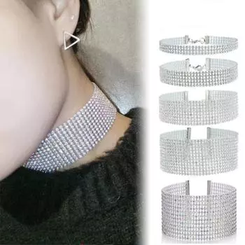 Длина 30 см. Крутой блестящий пучок страз на шею, популярный элемент, ожерелье-воротник в стиле панк, хип-хоп, женское колье, подарочные украшения Silver 1cm