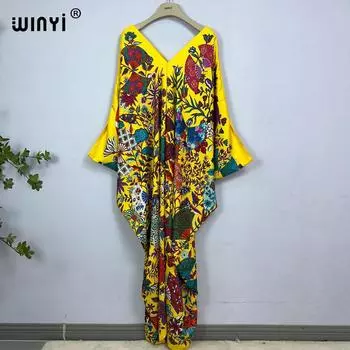 Длина платья WINYI:130 см Модные турецкие платья Bohemia Print abaya Женщины макси кафтан летнее цветное африканское вечернее платье женщина One Size