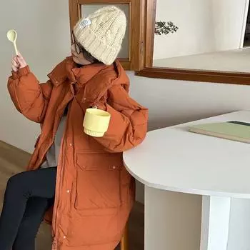 Длинная белая куртка на утином пуху женская зимняя мода 2024 года талия и тонкие большие карманы для сохранения тепла выше колена утолщенное пальто S оранжевый