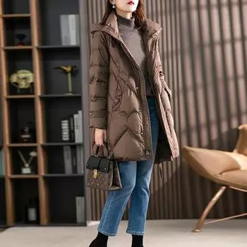 Длинная белая куртка-пуховик женская зимняя новая мода литературный ретро колено теплая куртка прилив M темно-коричневого