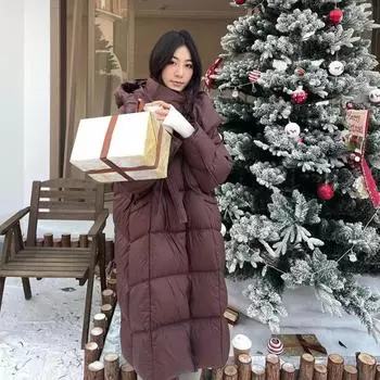 Длинная белая утиная пуховая куртка Ribbon, женская, 2024 года, высококачественная зимняя, утолщенная, свободная, закрывающая мясо, куртка большого размера до колена прилив S