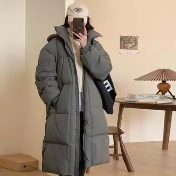 Длинная большая стеганая куртка-пуховик женская зимняя мода 2024 года с капюшоном свободная утолщенная белая утиная пуховая куртка для пары до колена S
