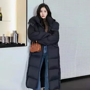 Длинная большая стеганая куртка-пуховик женская зимняя 2024 утолщенная модная с капюшоном выше колена теплое белое пальто на утином пуху для пары S