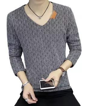 длинная длинная клетчатая пижама повседневная стильная простая клетчатая рубашка серая [Blank Blanc] с V-образным вырезом, рукавом, мужская футболка, дышащая,