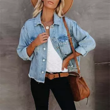 Длинная джинсовая куртка, голубые джинсовые пальто с карманами с клапанами и длинными рукавами, женская джинсовая одежда XS синий