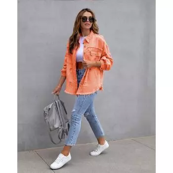 Длинная джинсовая куртка с рваными краями для женщин, осенне-зимний повседневный топ с длинными рукавами и лацканами S