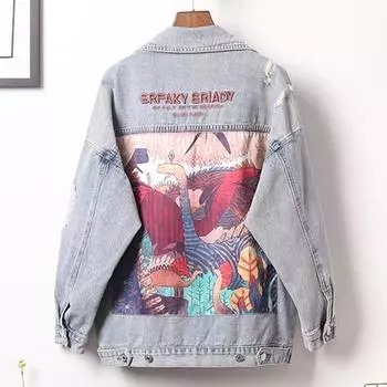 Длинная джинсовая куртка с забавным мультяшным принтом, женская шикарная уличная одежда, джинсы в стиле панк с вышивкой и надписью, джинсовая верхняя одежда в стиле хип-хоп M синий