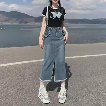 Длинная джинсовая юбка А-силуэта 2024 года для женщин с грушевидной фигурой 2XL