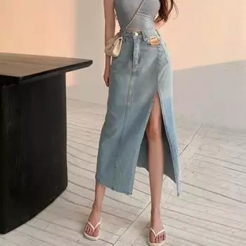 Длинная джинсовая юбка с высокой талией, женская, новая, чистое желание, винтажная, элегантная, синяя, сексуальная, с разрезом, облегающая, модная, юбка, лето 2024, женская S чёрный