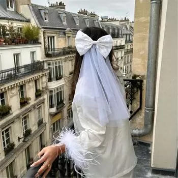 Длинная фата из тюля с жемчужным бантом на Хэллоуин и фиксированной расческой для волос/зажимом для свадебных головных уборов для свадебных торжеств и вечеринок B