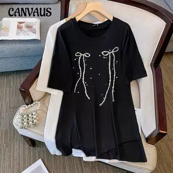Длинная футболка с коротким рукавом, женская модная футболка больших размеров со свежим бантом и принтом 2XL белый