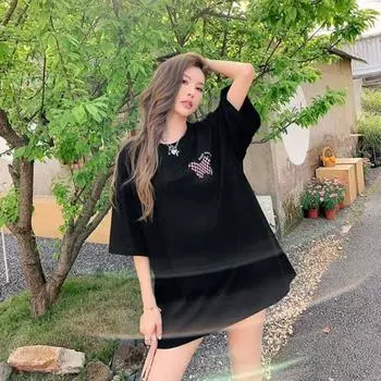 Длинная футболка с короткими рукавами, свободная верхняя юбка, прикрывающая низ для женщин M чёрный