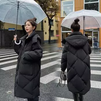 Длинная хлопковая одежда женская зимняя утолщенная теплая свободная повседневная с капюшоном в стиле девушки воротник-стойка темпераментная хлопковая подбитая одежда M (80-60 kg) чёрный