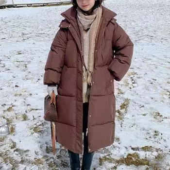 Длинная хлопковая пуховая куртка, женское теплое пальто, корейское свободное пальто с капюшоном, повседневное зимнее пальто, женские ветрозащитные парки, верхняя одежда M коричневый