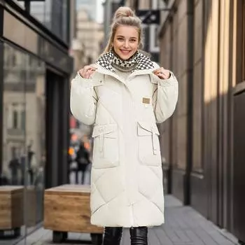 Длинная хлопковая утепленная одежда для женщин, зимняя, новая мода, воротник-стойка, утепленная одежда для женщин, теплая и холодная одежда, утепленная куртка прилив M белый