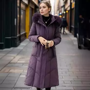 Длинная хлопковая утепленная женская зимняя куртка, новая облегающая выше колена, утолщенная, теплая, с большим меховым воротником, на пуху L