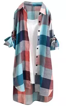 Длинная клетчатая рубашка в клетку, легкая в 4S [unifiss], туника, платье, блузка, узор, сворачивающаяся, свободная, весна, осень, женская, удобная, дышащая, прохладная,