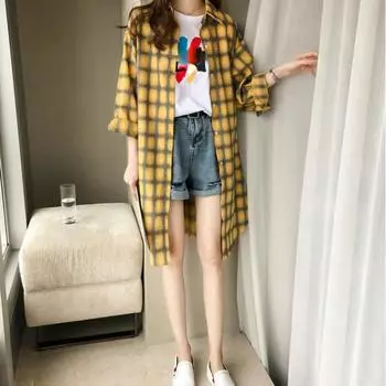 Длинная клетчатая рубашка, женские хлопковые винтажные шикарные топы с длинными рукавами больших размеров S жёлтый