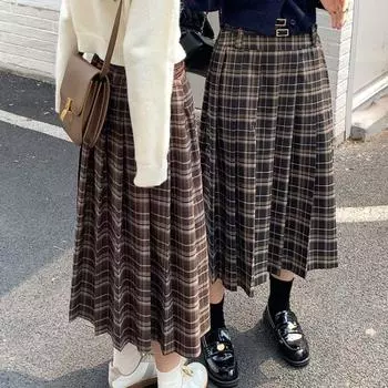 Длинная клетчатая юбка, женская трапециевидная юбка с высокой талией, тонкая лоскутная винтажная плиссированная школьная юбка миди, осенняя японская униформа S зелёный