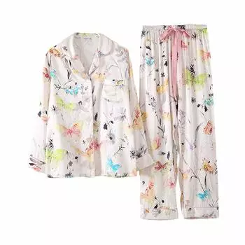 Yumekairou Шелковая длинная акварельная пижама с принтом бабочек и цветов, с поясом и открытым узором бабочек, женская, 100%, рукав, лента, многоцветная, слоновая кость