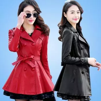 Длинная кожаная куртка для женщин, кожаная куртка средней длины с лацканами и меховым воротником, съемная куртка из искусственной кожи, утолщенная и бархатная для зимы S