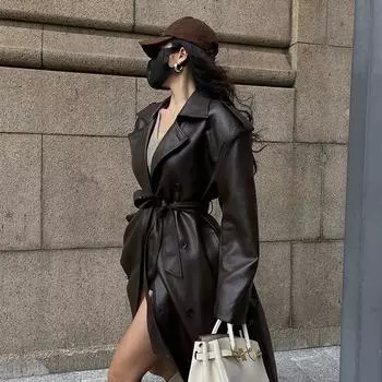 Длинная куртка из искусственной кожи средней длины в стиле ретро, женская свободная ветровка L чёрный