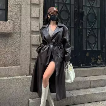 Длинная куртка из искусственной кожи средней длины в стиле ретро, женская свободная ветровка S коричневый