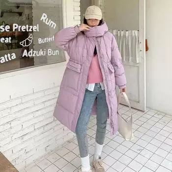 Длинная куртка на белом утином пуху для женщин 2024 года, зимняя модная дизайнерская куртка с круглой пряжкой и теплой талией S слоновая кость