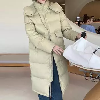 Длинная куртка-пуховик для женщин 2024 года, зима, новая мода, с капюшоном, большой карман, теплое маленькое пальто S слоновая кость