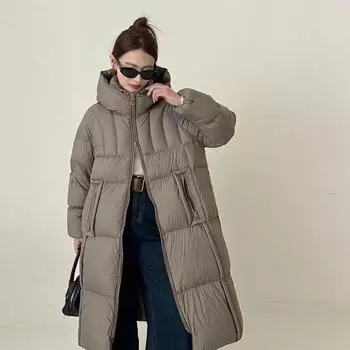 Длинная куртка-пуховик на белом утином пуху для женщин 2024 года, зимняя, утолщенная, с капюшоном, большая версия, свободная, до колена, куртка-бутерброд S чёрный