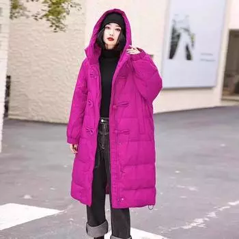 Длинная куртка-пуховик на пуговицах для женщин 2024 года, зимняя мода, утолщенная, ретро, теплая, до колена, большой размер, белая куртка-пуховик на утином пуху M красный