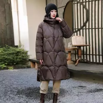 Длинная куртка-пуховик с капюшоном и пряжкой в стиле ретро для женщин 2024 года, теплая куртка на белом утином пуху S оранжевый