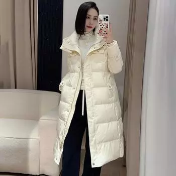 Длинная куртка-пуховик выше колена женская зимняя 2024 новая корейская версия модная шнуровка на талии утолщенная белая зимняя одежда на утином пуху S чёрный