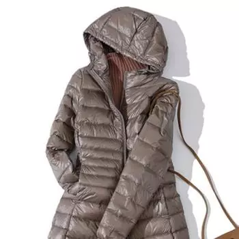Длинная куртка с капюшоном и подкладкой, женская ультралегкая тонкая однотонная куртка на утином пуху, портативная парка M шампанского