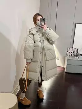 Длинная куртка с капюшоном из белого утиного пуха для женщин, осень-зима 2024, новая корейская версия, свободное универсальное утолщенное пальто для поездок на работу one size fits all