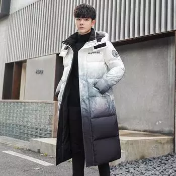 Длинная куртка с капюшоном, мужская зимняя одежда до колена, модная красивая белая куртка для студентов на утином пуху S