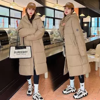 Длинная куртка выше колена с капюшоном на хлопковой подкладке для женщин, зимняя свободная куртка на хлопковой подкладке, утолщенная теплая куртка на хлебной подкладке S чёрный