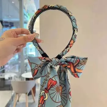 Длинная ленточная диадема с цепочкой с винтажным принтом для женщин, элегантное украшение для волос, обруч для волос