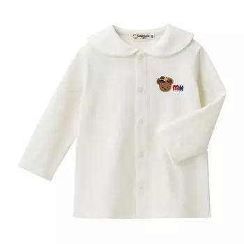 Длинная матроска цвета Baby White [MIKI HOUSE] Блузка, Рукава, Однотонная, Воротник, Медведь, Япония, 100% Хлопок, Мальчики, Девочки, Младенцы, Дети, Одежда, Детская белый