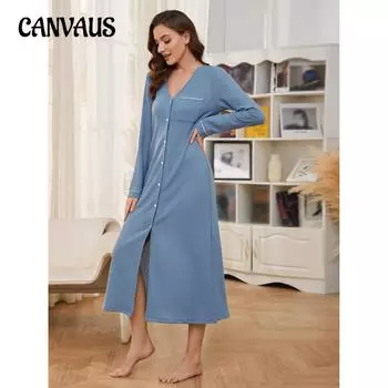 Длинная ночная рубашка с длинным рукавом, женская осенне-зимняя вафельная длинная домашняя рубашка-платье S синий