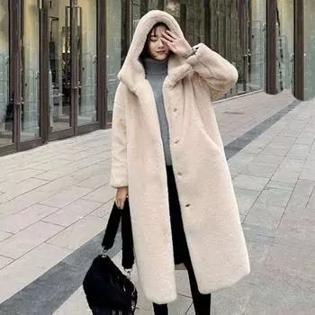 Длинная норковая шуба с капюшоном женская осенне-зимняя утолщенная теплая свободная модная искусственная норковая шуба пальто M90--60kg