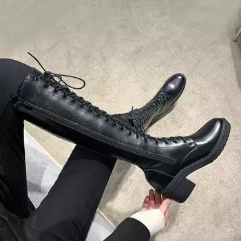 Длинная обувь на высоком каблуке со шнурками, белые зимние туфли на шнуровке до колена для женщин, женские сапоги, элегантные кожаные рабочие сапоги на каблуке из искусственной кожи 35