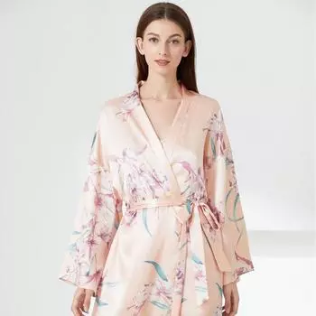 Длинная пижама из искусственного шелка с новым принтом для женщин, v-образный вырез, длинный рукав, завязка на талии, дышащий длинный халат, легкий, удобный, мягкий халат для женщин S