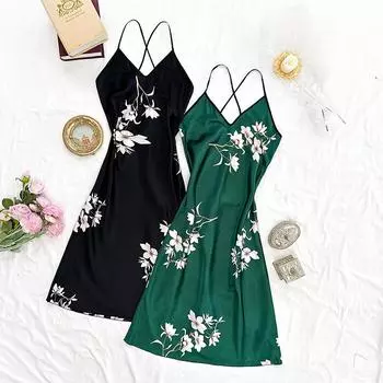 Длинная повседневная имитация шелковой пижамы с бретелью через шею женская простая сексуальная модная пижама S зелёный/чёрный