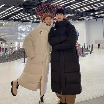 Длинная пуховая куртка для пар мужчин и женщин, один стиль, корейская длинная пуховая куртка выше колена, утолщенная и теплая белая пуховая куртка для мужчин M