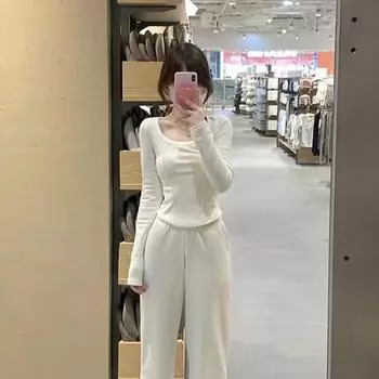 Длинная рубашка молочно-абрикосового цвета, внутренняя футболка из чистого хлопка на весну, осень и зиму, облегающий короткий топ в стиле чистого похотливого кроя S