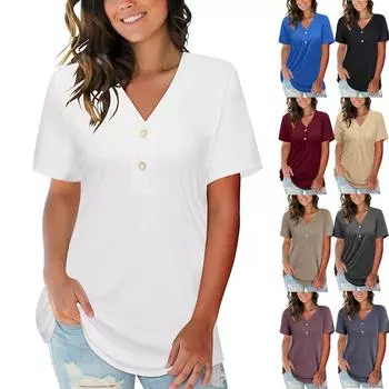 Длинная рубашка с v-образным вырезом и пуговицами, однотонная рубашка с короткими рукавами, свободная повседневная футболка XL бежевый