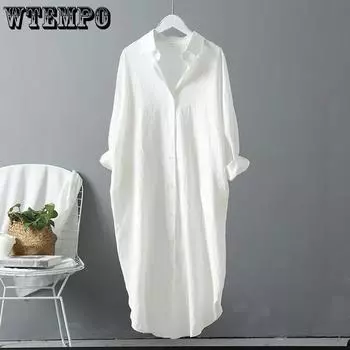 Длинная рубашка, женский свободный повседневный солнцезащитный костюм, белый летний однотонный топ, платье-рубашка средней длины S белый