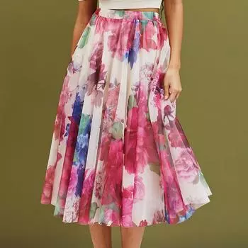 Длинная сетчатая длинная юбка с цветочным принтом для женщин, эластичная большая юбка с высокой талией и рюшами, летняя дышащая легкая мягкая макси-юбка для работы, отпуска, длинная юбка XS